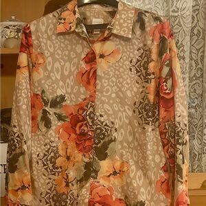 Chico's Beige Floral Button-Up with Orange Accents